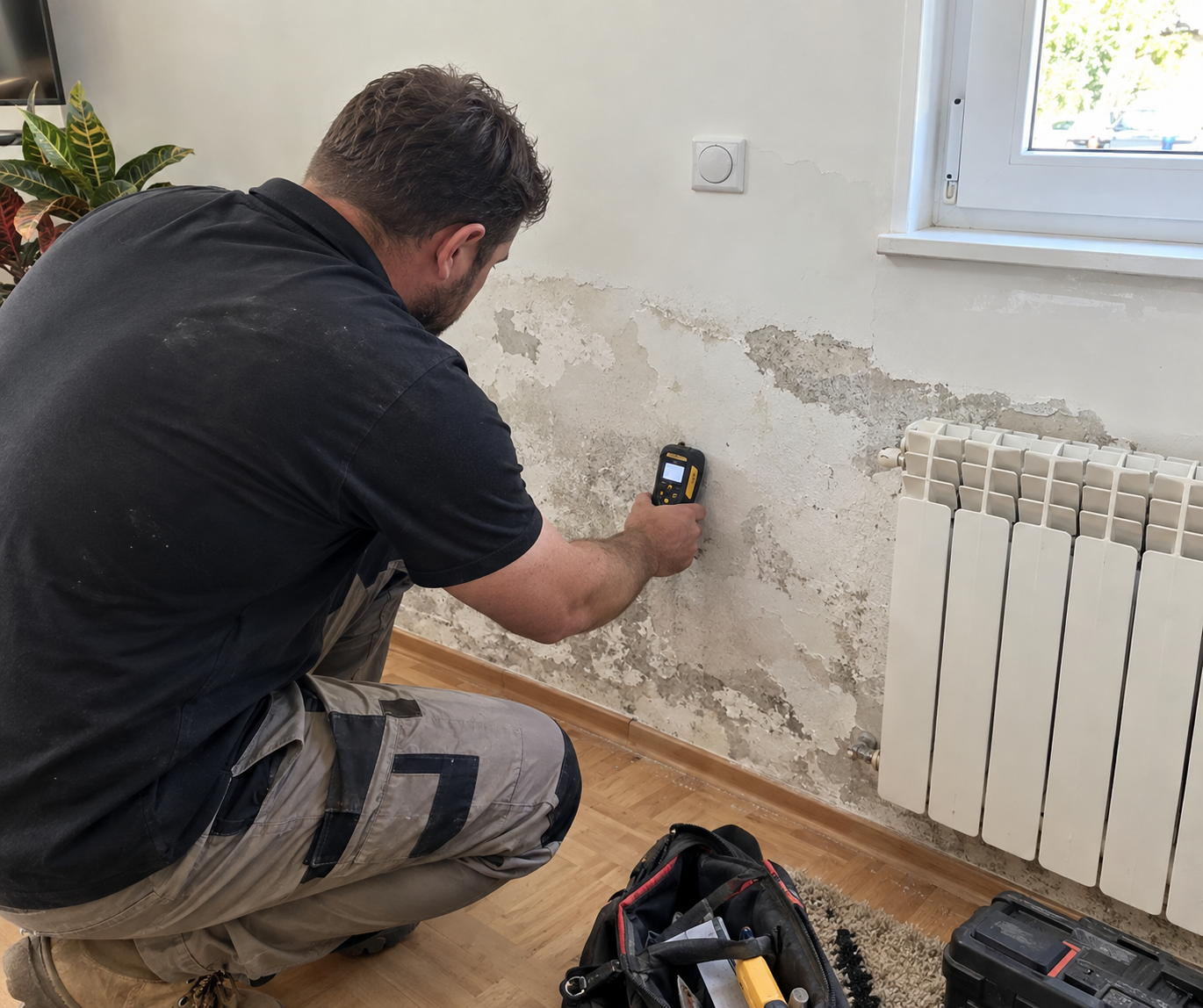 Plumber inspecting a damp wall for a hidden leak